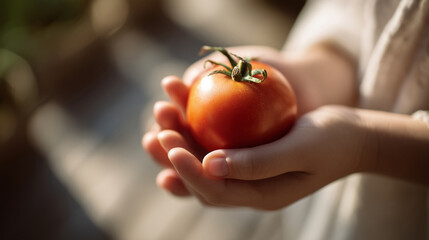  close-up of a child's clean hands gently holding a freshly picked ripe tomato, smooth skin with sunlight reflecting softly off the tomato surface, short clean nails