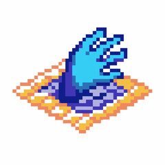Fototapeta premium Pixel art blue wave crashing on patterned tile retro digital water splash, aquatic motion, vintage graphic design