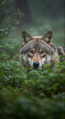 Fototapeta premium Majestic wild wolf staring intently through lush green forest vegetation, focused predator alert in natural habitat, wildlife conservation animal photography concept
