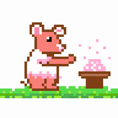 Pixel art pink mouse character eating food cute retro video game animal with pixelated meal on grass platform background