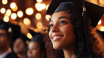 Fototapeta premium Graduation ceremony celebrates achievements of graduates in a joyful atmosphere with warm lighting and proud expressions
