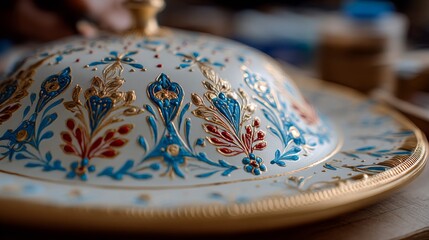 Ornate domed dish lid with intricate floral and leaf patterns in vivid blue, red, and gold, featuring prominent gold outlines and elegant golden trim edges.