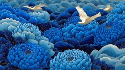 Vibrant blue-hued peony-like flowers with intricate layered petals in navy to sky-blue shades, accented by delicate golden lines and blended with oceanic wave patterns. 
