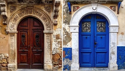 Obraz premium door, architecture, entrance, wooden, old, building, wood, doorway, church, house, stone, doors, arch, wall, vintage, antique, ancient, gate, closed, front, aged, architectural, exterior, brown, decor
