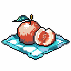 Obraz premium Pixel art ripe peach with leaf, whole and half fruit, placed on blue checkered cloth for retro digital illustration design