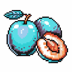 Obraz premium Pixel art blue plum fruit with leaf whole and sliced halves, retro digital food icon, vibrant colors