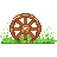 Fototapeta premium Rustic wooden wagon wheel pixel art retro old wheel design, vintage farm tool, grassy ground, 8 bit style, nostalgic game icon