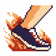 Pixel art running sneaker with flames, fast speed, energetic motion, retro game style, dynamic sports inspiration