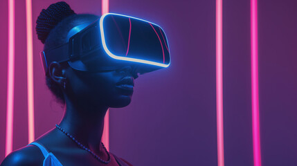 black woman in VR headset with glowing lines,DigitalMuseBeam, NeonLinkVista, LightThreadVisor, SoulSyncVR, LuminaMindscape