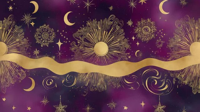 Rotating golden celestial symbols and zodiac elements on deep purple background — elegant animation for spiritual content, astrology themes, meditation visuals, and mystical branding