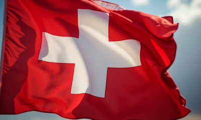 A Close-up of a Swiss Flag Fluttering in the Wind with an Ultra-Sharp Focus on the Textured Fabric Weave