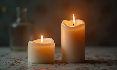 A Still Life Composition Featuring Two Candles, One Tall and One Short, with an Ultra-Sharp Focus on the Wick of the Taller Candle
