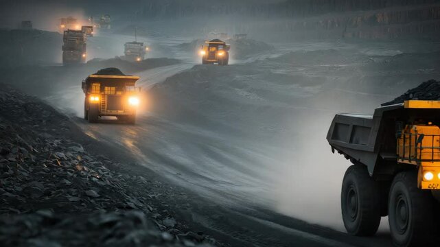 Heavy mining trucks transporting coal through industrial quarry at night with headlights on &mdash; cinematic dark-toned video for energy, logistics, and industrial documentaries