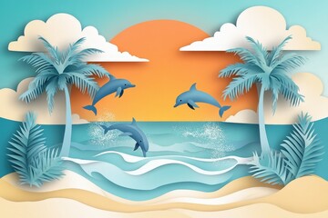 Obraz premium Dolphins leaping in a tropical paradise scene.