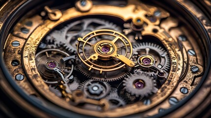 An intricate and detailed view showcases the inner workings of a vintage mechanical watch, revealing its complex gears and exquisite craftsmanship design elements.