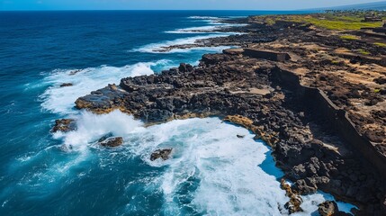 Aerial View Ocean Waves Crashing Dark Volcanic Coastline