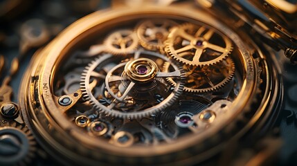 An exquisitely detailed macro photograph showcases the intricate inner workings of a vintage gold watch with gears and jewels, revealing precision and timeless design.