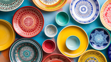 Colorful plates with a traditional moroccan ornament , ArtOfMorocco, CulturalTabletopView, MosaicDishscape, VibranceInClay