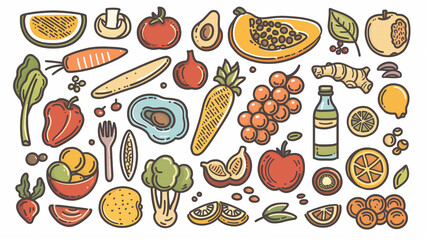 DASH Diet focuses on balanced nutrition with grains, fruits, and proteins. Doodle style diagram.