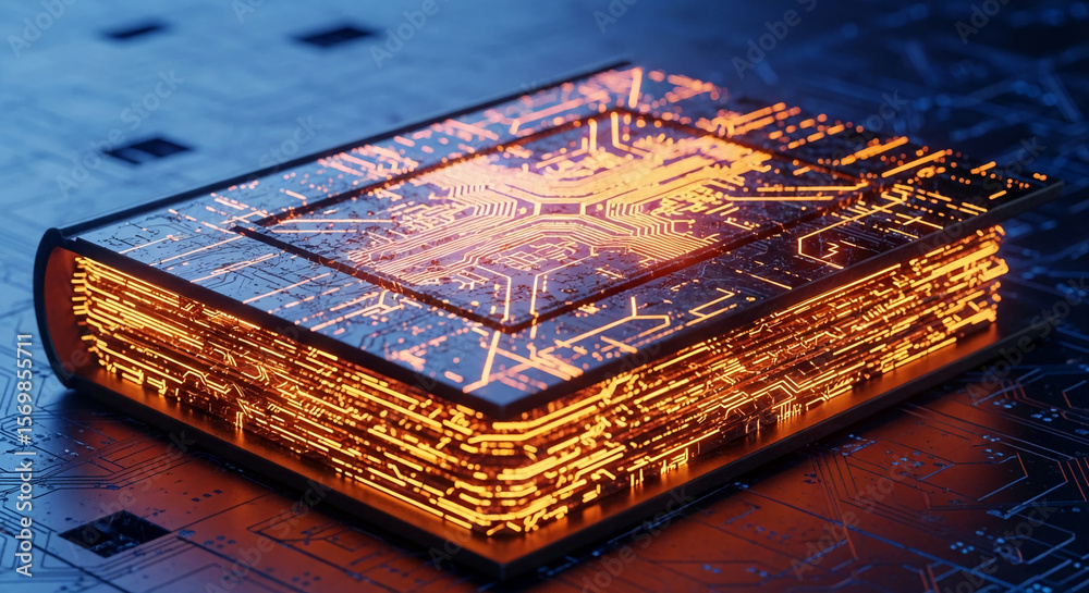 Fototapete glowing orange circuit book on dark surface, showcasing digital knowledge and innovation, symbolizin
