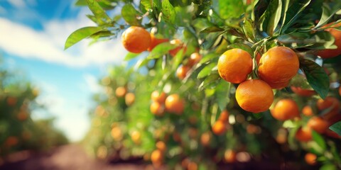 The lush orange orchard filled with ripe fruits under a bright blue sky