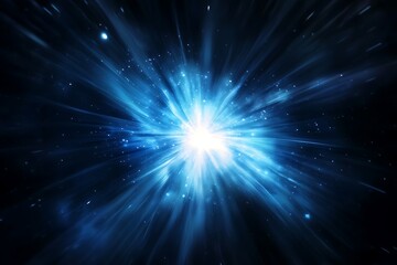 Exploding starburst of blue light with tiny sparkling particles in deep space