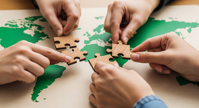 Close-up of hands connecting wooden puzzle pieces on a green world map, symbolizing global collaboration, teamwork, and problem-solving - Powered by Adobe