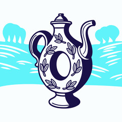 Blue and White Vintage Teapot Illustration