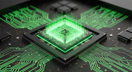Close-up of glowing green circuit board, showcasing a central processor with data streams, symbolizing technology, innovation, and digital processing power