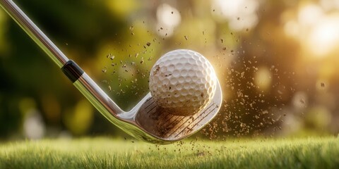 The golf ball being struck by a club in a dynamic outdoor scene.