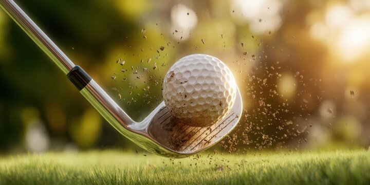 The golf ball being struck by a club in a dynamic outdoor scene.