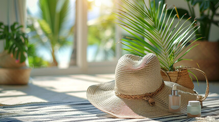 Sun hat, skincare, beach bag by sunny window with tropical view