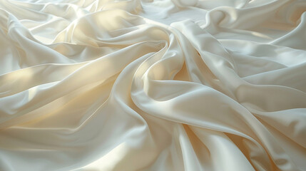 Sunlight on folded cream silk fabric drapery background