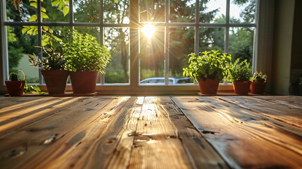 Sunlight streams through window onto wooden table with potted herbs