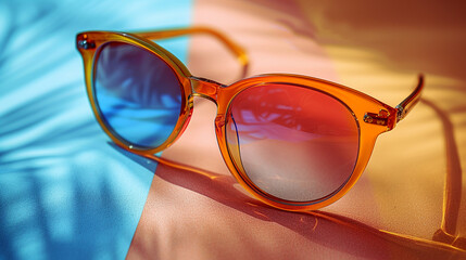 Sunglasses on colorful beach towel, reflecting tropical leaves