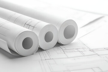 Architectural blueprints and drawings on a white background, a construction design concept, a close-up view of architectural drawing paper with two rolls of blueprint papers on top