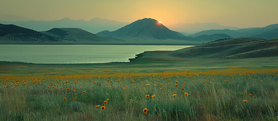 Sunset over wildflowers, lake, and mountains