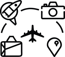 Fototapeta premium Black and white illustration of travel icons airplane suitcase camera location pin rocket vector
