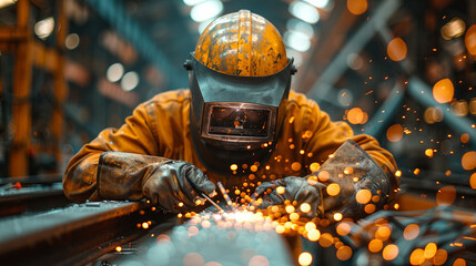 Welder working on metal beam in industrial factory with sparks