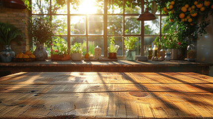 Sunrise through window onto wooden table in rustic kitchen garden room