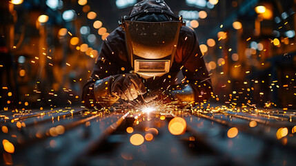 Welder working on metal in factory with sparks flying