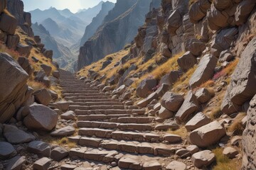 Ancient stone staircase ascends a rugged mountainside , texture, stone staircase