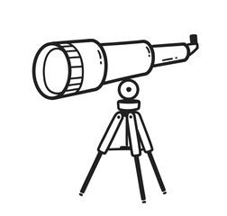 Vector minimal line art isolated illustration of a telescope on tripod in black and white.