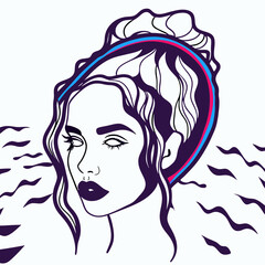 Stylish Woman Portrait, Line Art, Purple Hair, Abstract Background