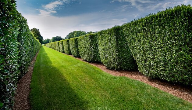 long neatly trimmed hedge garden is made up using cherry laurel