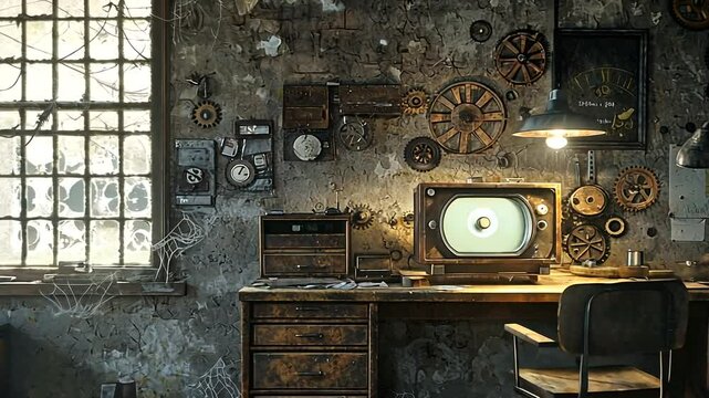 Vintage workshop with a wooden desk and retro equipment, illuminated by a warm lamp, surrounded by tools and cobwebs