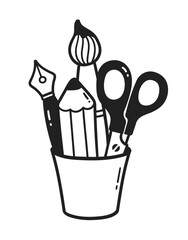 Vector minimal line art isolated illustration of school stationery tools in a cup holder in black and white.