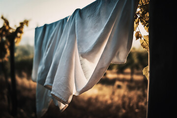 White Linen Sheet on Clothesline in Vineyard