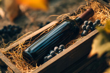 Wine Bottle in Wooden Crate with Grapes