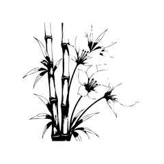 Elegant monochrome illustration of bamboo stalks and delicate flowers creating a serene oriental design symbol